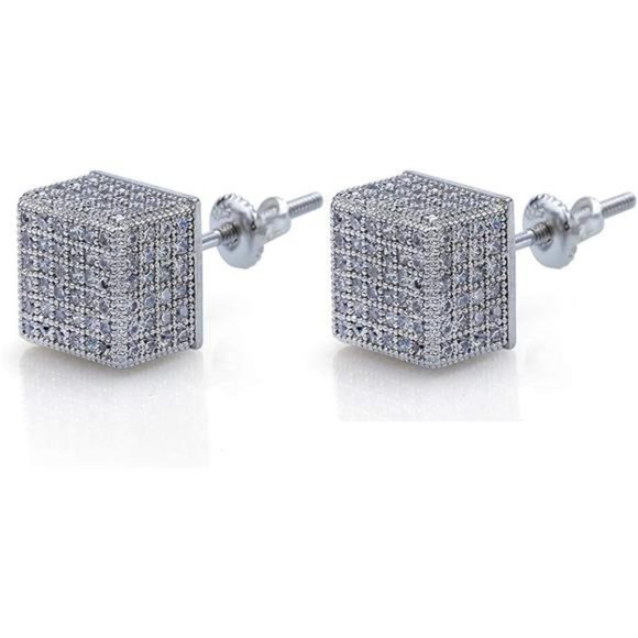 Silver  Cube Studs: 925 Silver with Iced Simulated Diamonds - Picture 1 of 6